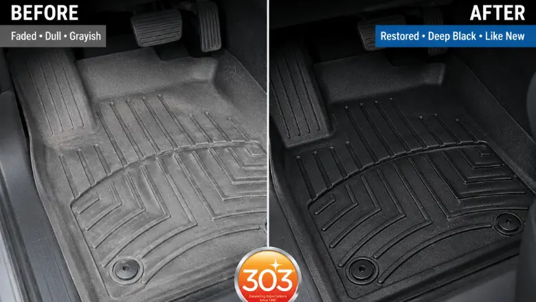 Rubber car mat before and after applying 303 Aerospace Protectant — faded vs restored black finish