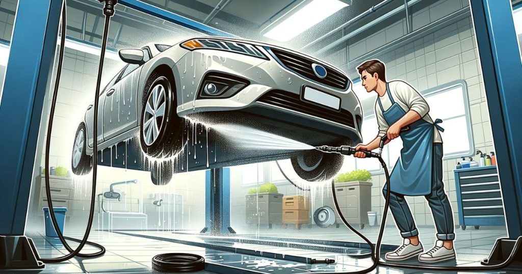 cleaning car underbody with a pressure washer, illustration