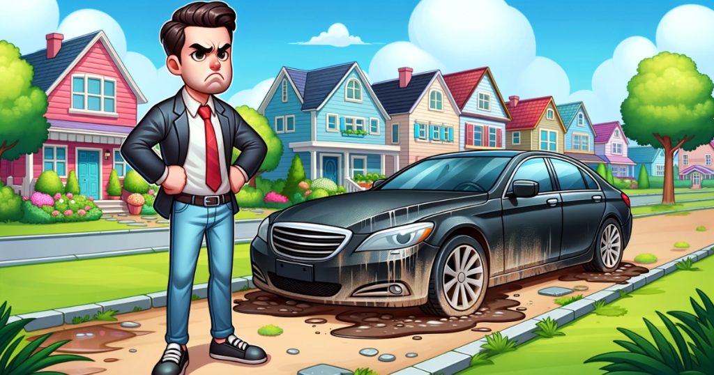 black car is dirty, angry owner, illustration