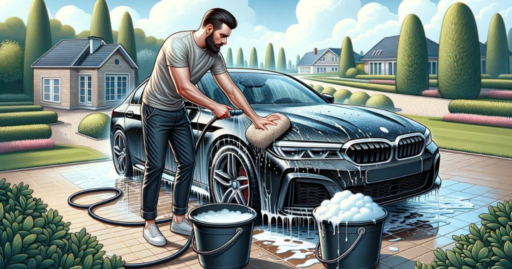 guy washing a black car, illustration
