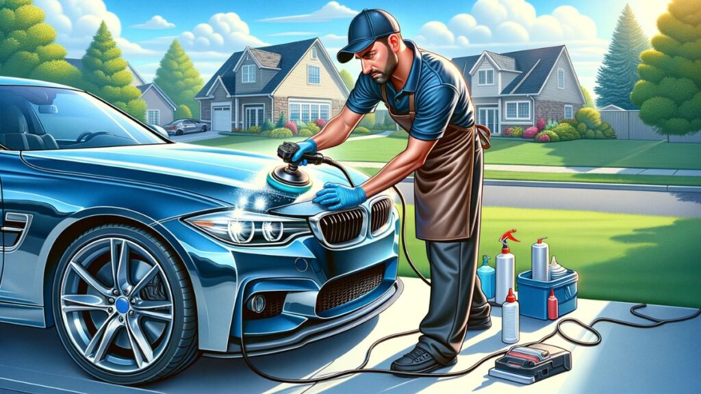 car detailer polishing a car, illustration