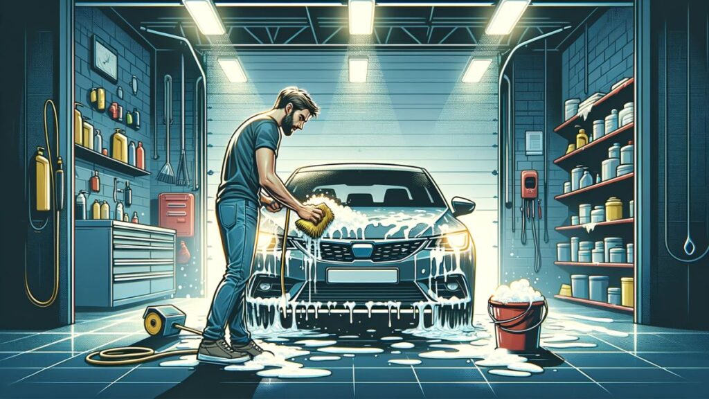 guy washing his car in a garage