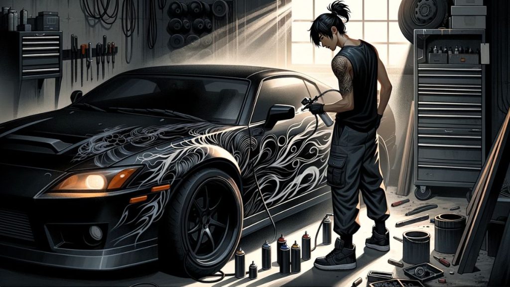guy painting a car, illustration
