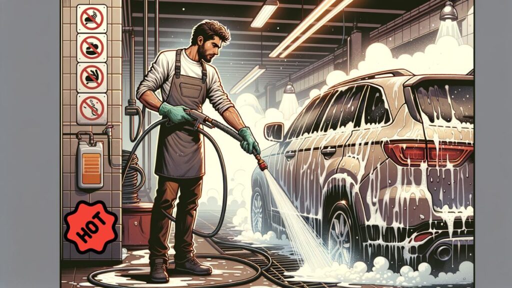 guy washing a car with hot water, illustration