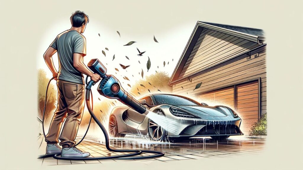 using a leaf blower to dry a car, illustration