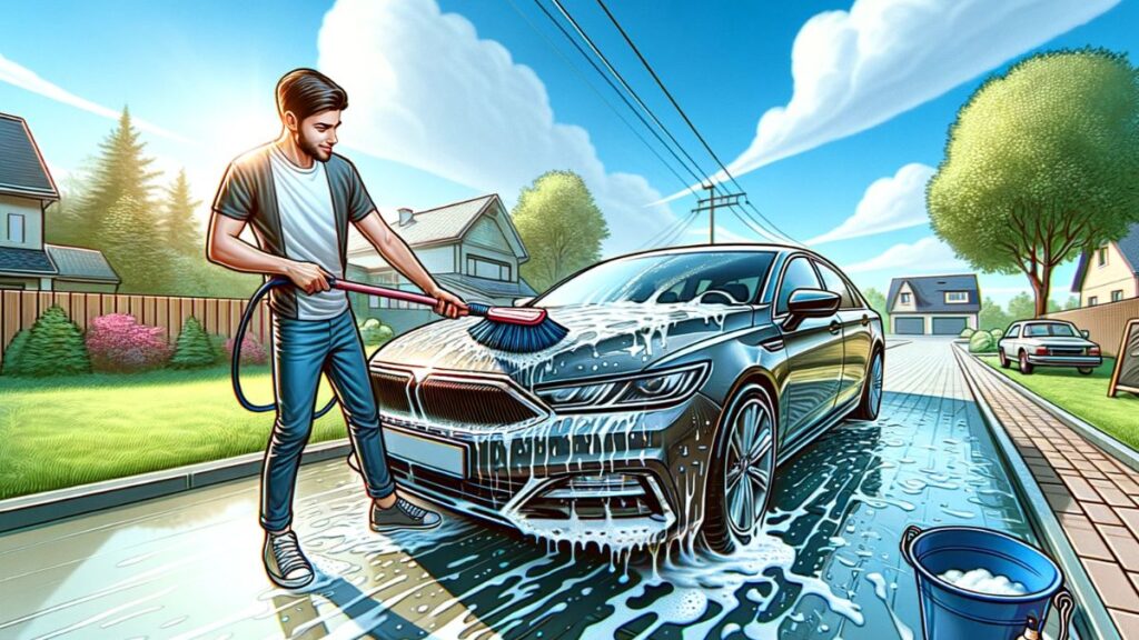 guy washing a car with a brush