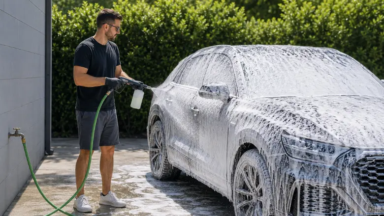 guy washing a car with a foam gun